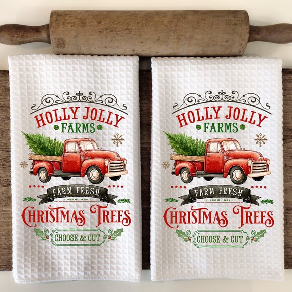 Vintage Christmas Kitchen Towel, Holly Jolly Christmas Tree Farm Towel Set - Picture 1 of 9
